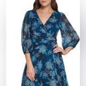 DKNY Blue and Gray Floral Long Sleeve Dress